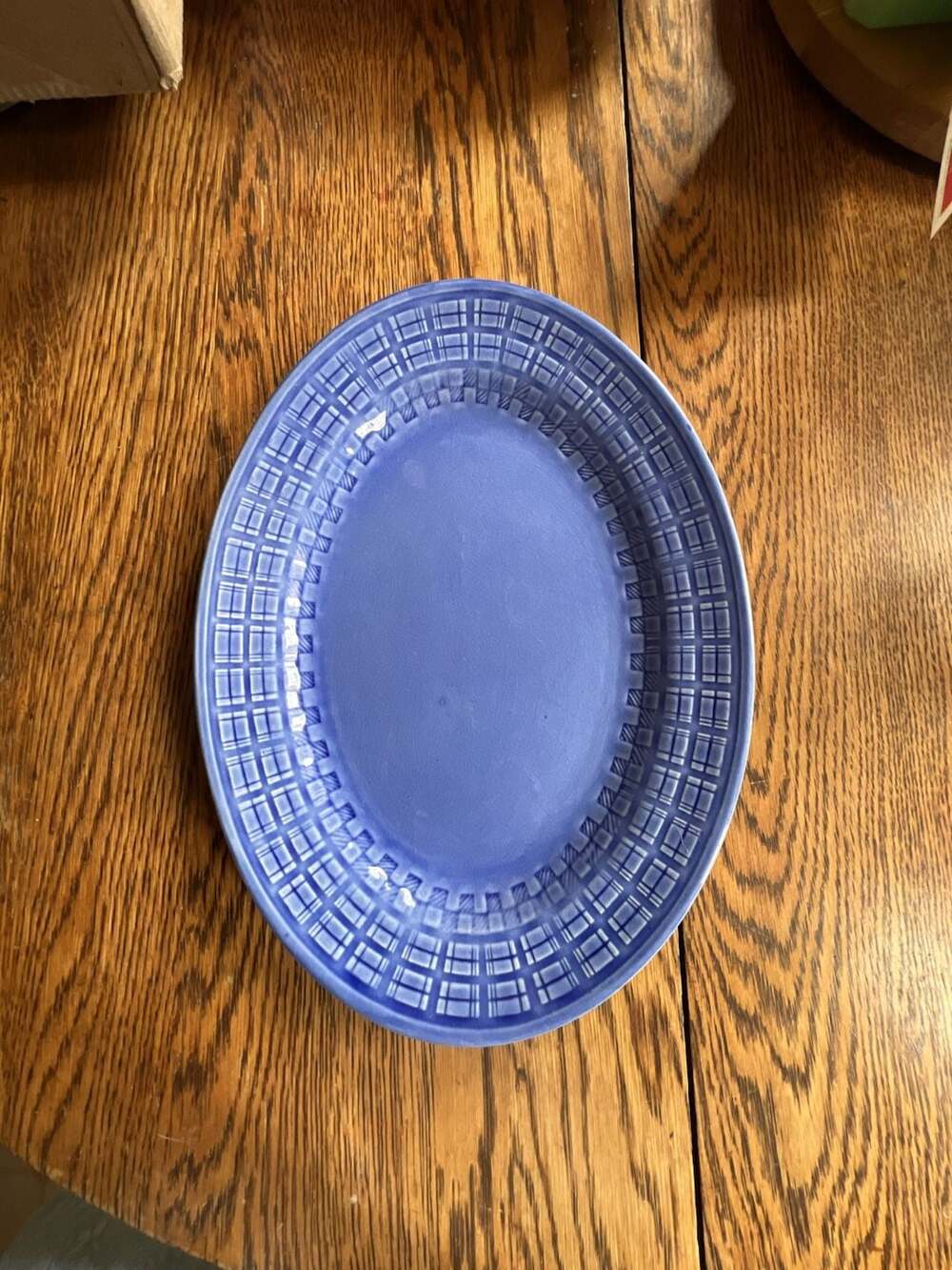 Vintage Edwin M. Knowles China Co. Blue Plaid Oval Serving Platter